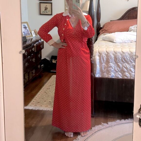 Vtg 70s Kelly Arden Red Polka Dot Polyester Halter Maxi Dress/Matching Jacket - Picture 2 of 11